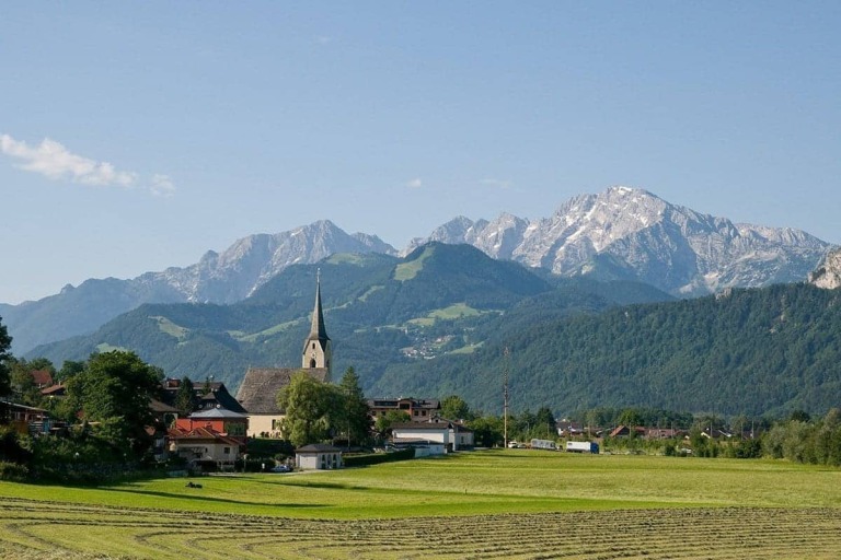 Summer landscape with a view of The Hotel Kirchenwirt in Puch near Salzburg, Austria